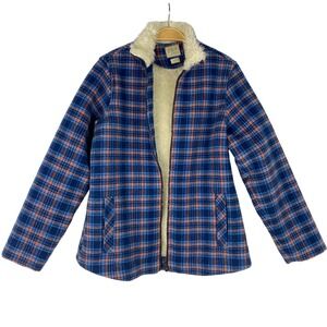 Ellen Orton Plaid Fleece Lined Sherpa Collar Jacket Women Size M Blue Cowgirl